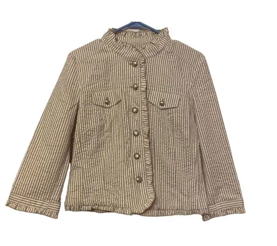 Sandro Striped Blazer Jacket Beige/white Size Medium 100% Cotton