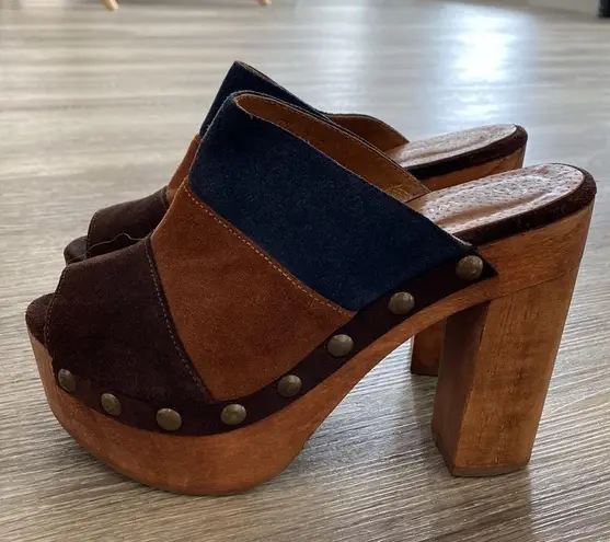 Vintage Y2k wooden clog platform open toe heels leather suede blue brown tan 7.5 Multiple