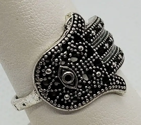 Silver Tone Hamsa Evil Eye Ring Size 8