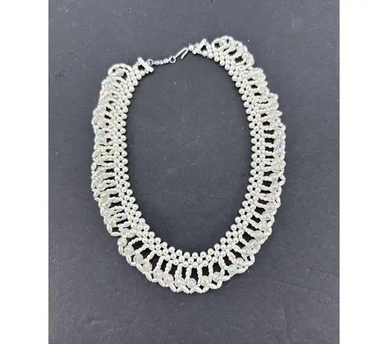 Vintage Japan Faux Pearl Aurora Borealis Bib Collar Necklace Bridal Necklace White