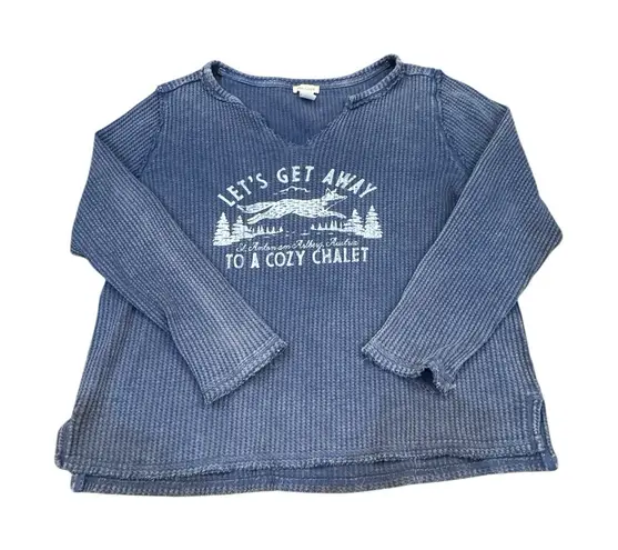 Sundance Thermal Long Sleeve T Shirt Graphic V Neck Waffle Knit Size XL Blue