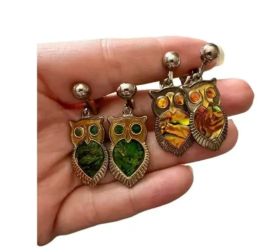 Vintage Owl Clip On Earrings Abalone Shell Yellow Set