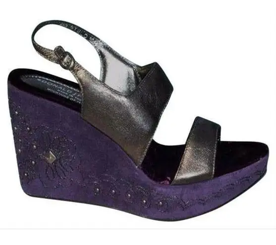 Donald Pliner Metallic Leather Wedge Platform Shoe New Suede Embroidery $275 NIB Purple Size 10