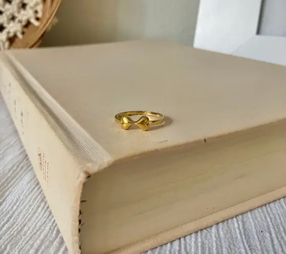 Two Hearts Gold Bow Petite Ring “Angel” Classic Girly Femme Band Stacking Neutral Jewelry