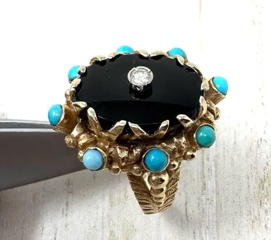 14K yellow gold, onyx, turquoise and diamond ring, vintage, size ~7 Gold