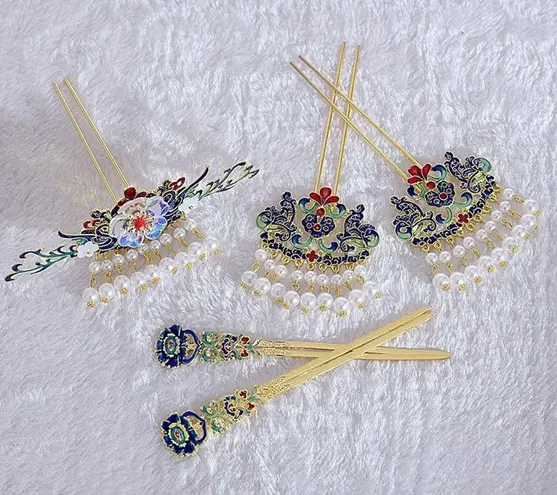 Elegant Oriental Hair Accessory Set 5 PCS Gold Tone Crown Tiara Pearl Rhinestone Blue