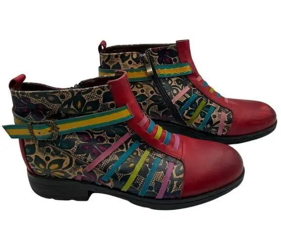 Socofy Womens Size 39 US 8 Artsy Leather Ankle Boots Multicolor Boho Chic Hippie Red