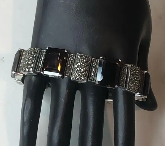 JUDITH JACK Sterling Silver Marcasite & Emerald Cut Smoky Topaz Bracelet