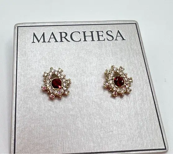 Marchesa Pave & Red Color Crystal Cluster Button Earrings in Gold