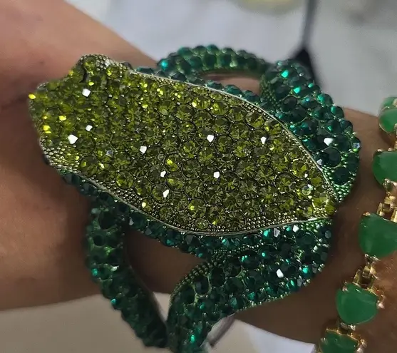 Silver Statement Bracelet Green Cubic Zirconia Frog Clamper Hinge