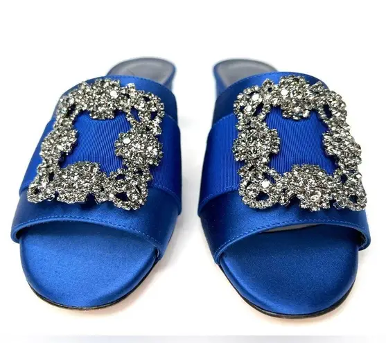 Manolo Blahnik Martanew 50mm Crystal Hangisi Blue Satin Mule Pump Size EU 35