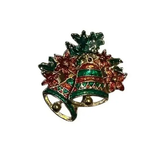 Christmas Brooch Pin Bells Poinsettia Holiday Red Green Jewelry New Years Party