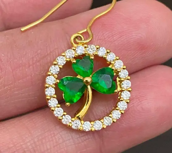 Goldplated CZ Emerald Green Crystal Glass Shamrock Lucky Clover Leaf Earrings