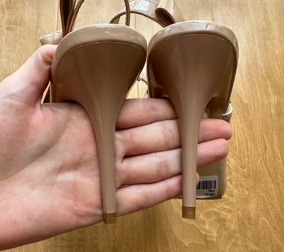 Platanitos Pointed Toe Patent Leather Heels with Bow, Nude, Size 38 (US 7) Tan