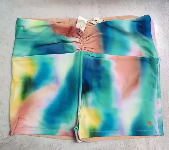 NWT Citrus Tie Dye Blue Pink Yellow Peach Ruched Waistband Swim Boy Shorts Large