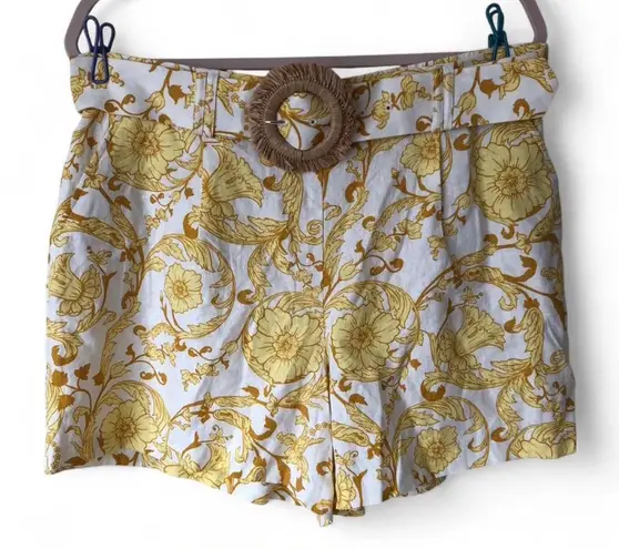 Maison d'Amelie Women’s Shorts Yellow Floral Raffia Belt Linen Blend Size 12 - Image 1