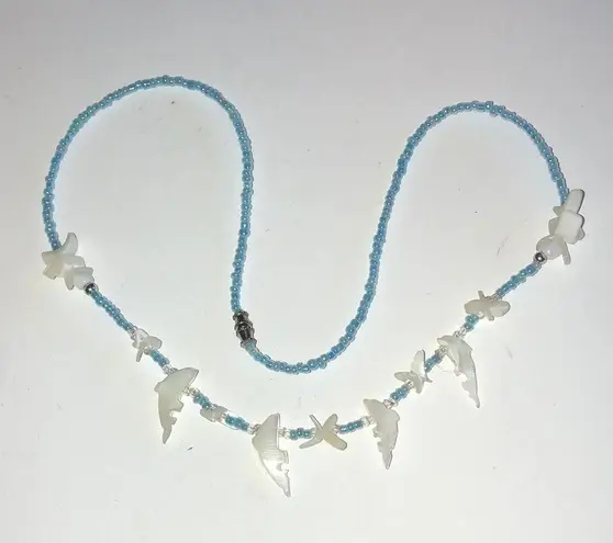 Vintage Blue  Seed Bead Beaded Carved Dolphin Shell Boho Necklace