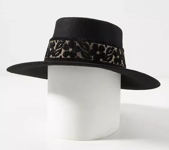 Anthropologie NWT  ASN Black Wide-Trimmed Boater Hat One Size