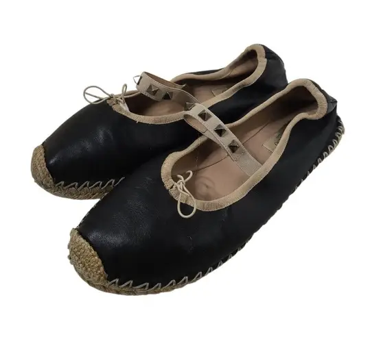 Valentino Garavani Black rockstud leather ballerina flat espadrilles Size 39