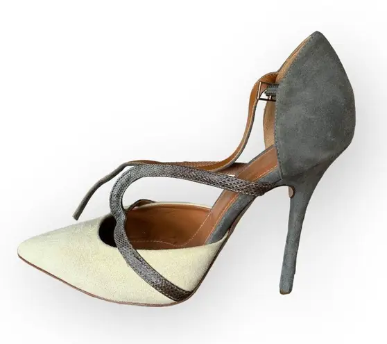 Malone Souliers  Veronica Suede Ankle-Strap Pump, Ivory/Gray, NWOT, Sz 38