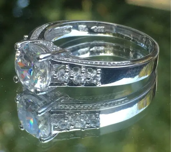 Sterling Silver Solitaire With Accents Cubic Zirconia Engagement Ring, Size 9