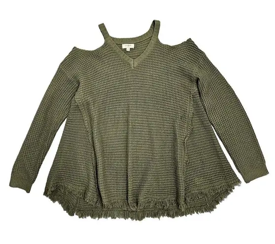 Umgee Sweater Cold Shoulders Open Knit Pullover Sweater Womens Size M Green Boho