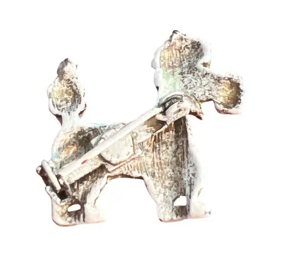 Vintage Poodle Lapel Pin Brooch Gold Tone White Red Black Rhinestones 1"