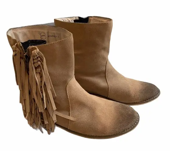 Encore “Journey” Suede Fringe Booties, Sz 8