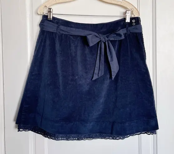 Garnet Hill  • navy blue corduroy skirt lace hem bow waist sash belt a-line mini - Image 1