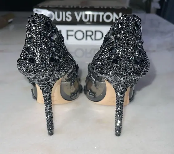 Jimmy Choo New Lisha 100 Black Smoke Mix Plexi Star Patchwork Pumps w Crystals