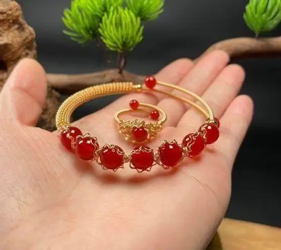 18K Gold Plated Red Agate Jewelry Set,Agate Beaded Charm Bracelet,Agate Ring