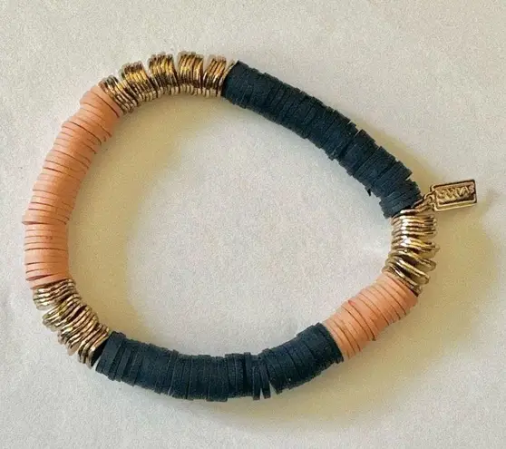 Canvas blue gold tone and peach stretchy clay disc bracelet