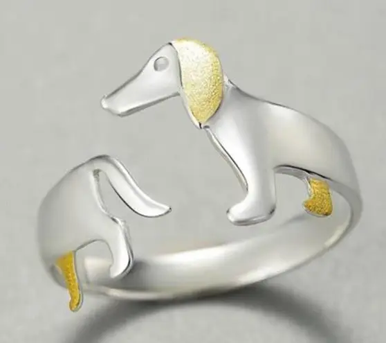 Artisan  Handmade Unique 925 Sterling Silver 14K Gold-plated Dachshund Ring