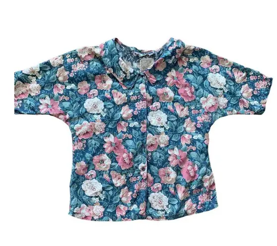Krazy Kat Vintage 90s Floral Button Up Shirt Blue Pink Green Peter Pan Collar Cottagecore