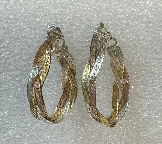 925 Italy Vermeil Tricolor Braided Herringbone Necklace, Bracelet & Earrings Gold