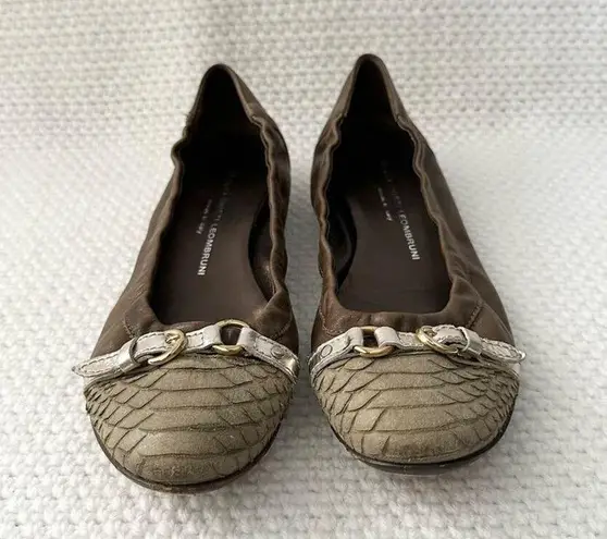 AGL Brown Taupe Snake Textured Cap Toe Ballet Flat Pewter Metallic Buckle 40 Size 9