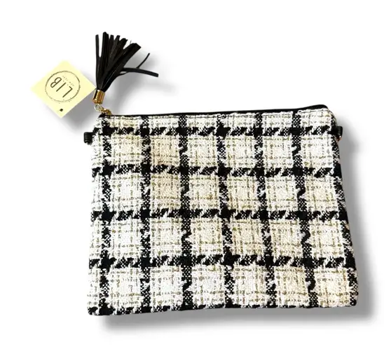 L.I.B. New York Plaid Zip Top Bag Women’s Black White Tweed Small Fringe Pull