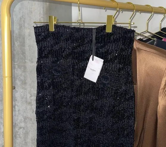 Balmain Black Sequin-Embellished Houndstooth Stretch-Knit Skirt