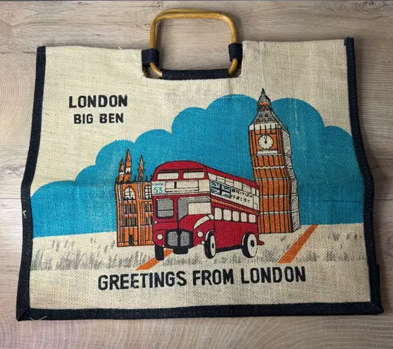 London Jute Tote Bag Big Ben Travel Souvenir Red Bus Bamboo Handle Retro Novelty Tan