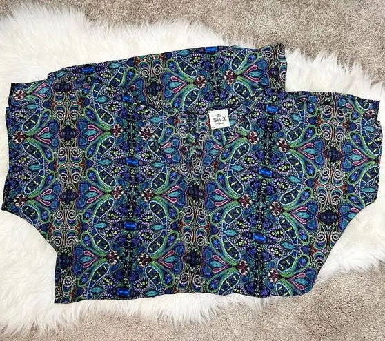 SW3 BESPOKE Silk Dress Cover Up Kaftan Size Small Colorful Paisley Boho Swimsuit Blue