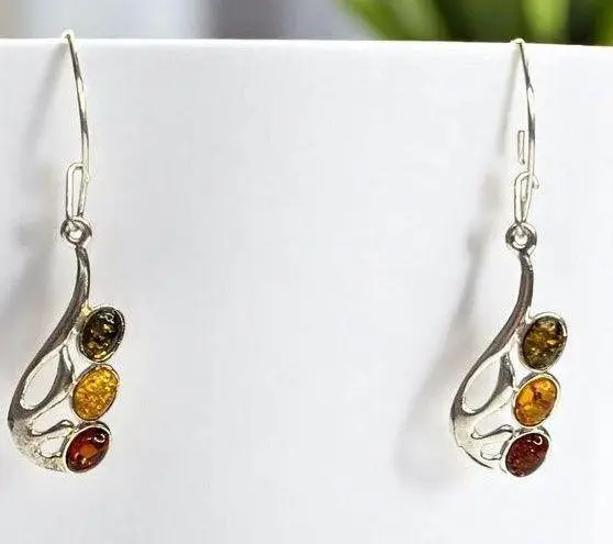 Amber Sterling Silver 925 Drop Earrings Jewelry With Multicolor Oval Cabochons