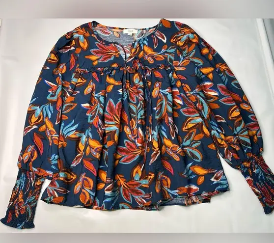 Oddi Blue and Orange Cuffed Sleeve Blouse with Bib Collar