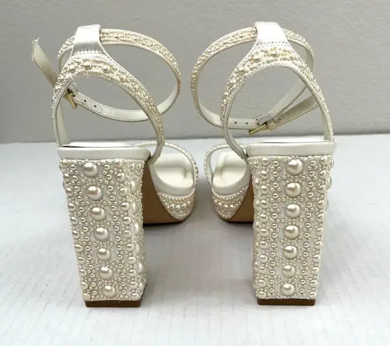 ALDO Lulu White Block Heel Ankle Strap Pearl Embellished Platform Sandals Size 7