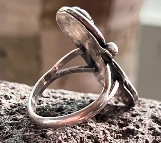 Old Pawn Vintage Navajo Sterling Silver Turquoise & Coral Ring Blue