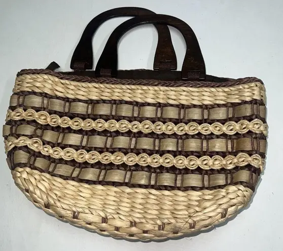 Vintage Straw Purse Clutch Handbag Wood Handles Brown Beige Lined Boho