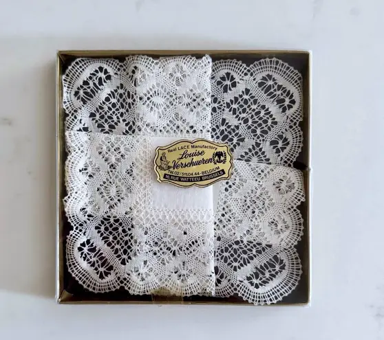 Vintage Louise Verschueren Ivory Lace Embroidered Handkerchief White