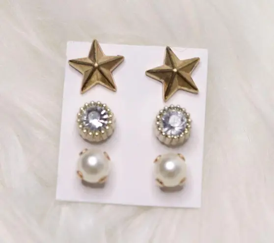 3 Gold Stud Earrings Bundle Star, faux Pearl Plastic