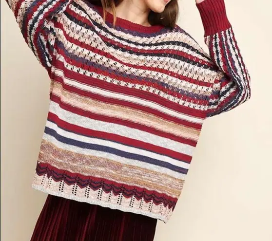 Umgee Boho Oversized Red Stripe Crochet Sweater