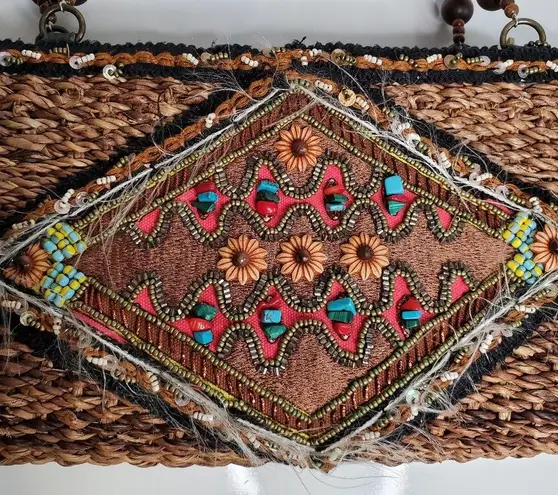 Mary Frances Straw into Gold Wood Beaded Floral Shoulder Bag Beaded Tassel