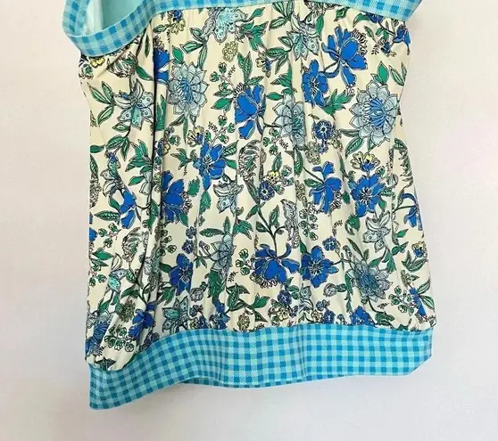 Lands' End Tankini Top Size 12 DD Blouson Lotus Floral/Gingham Swimsuit Blue